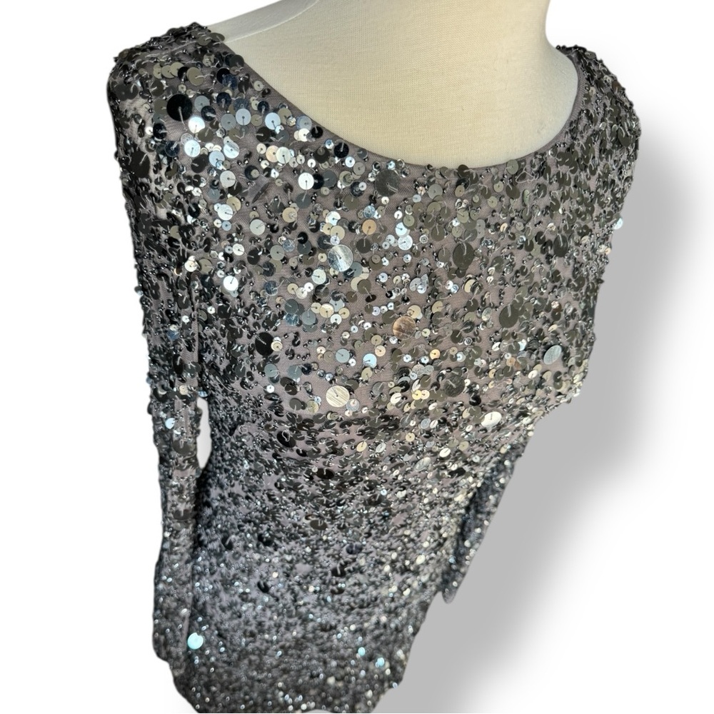 Aidan Mattox Silver Fully Sequined Party Dress Long Sleeve Mini Dress - Picture 3 of 7